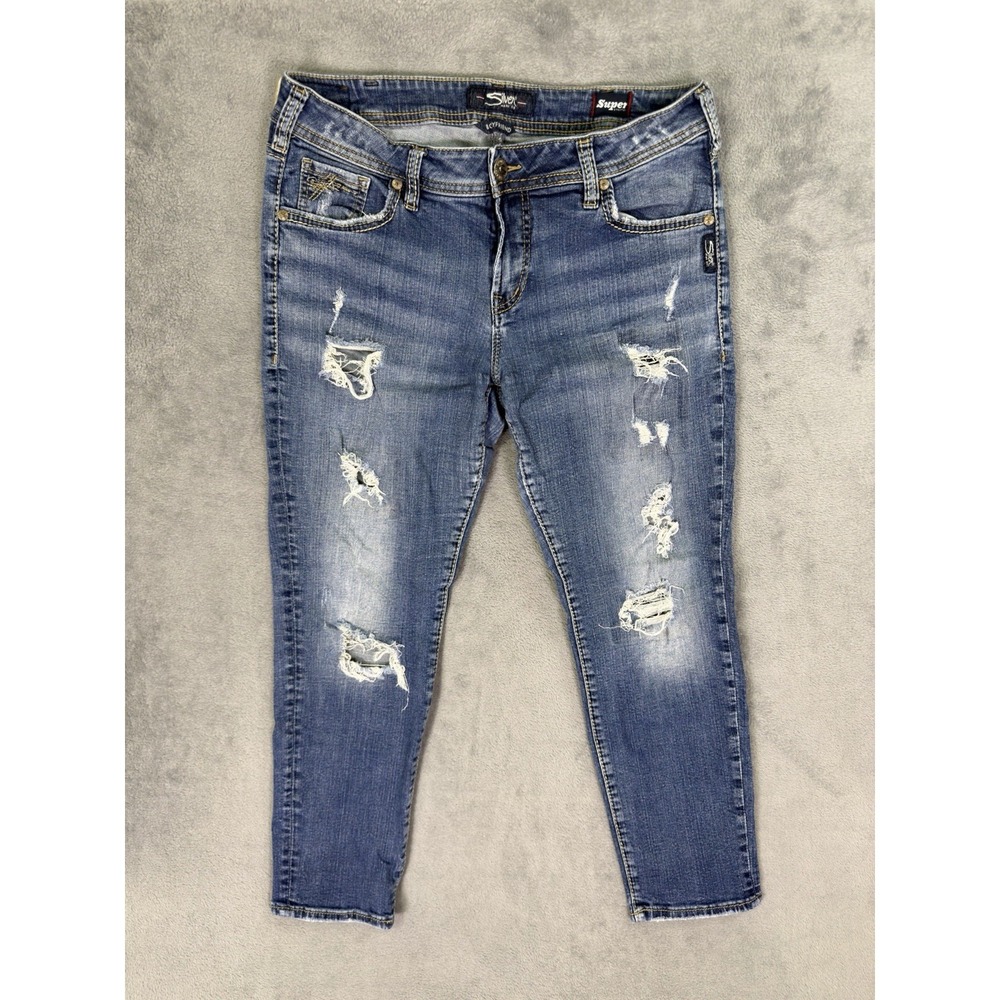 Silver Jeans Womens 30 Blue Boyfriend Medium Wash Distressed Denim Low Rise
